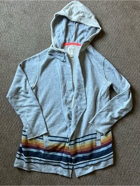 Billabong Women's Gray Striped Hooded Cardigan Sweater Open Front Size Large